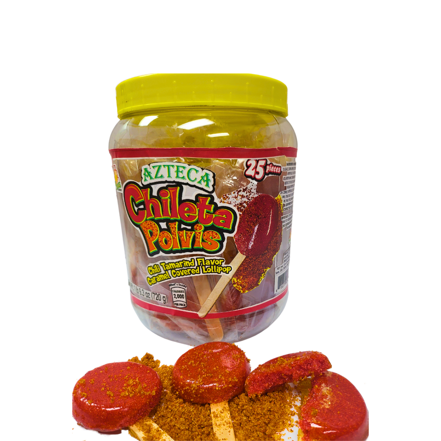 Azteca Chileta Polvis chili tamarind caramel lollipop jar 25pc wholesale Mexican candy