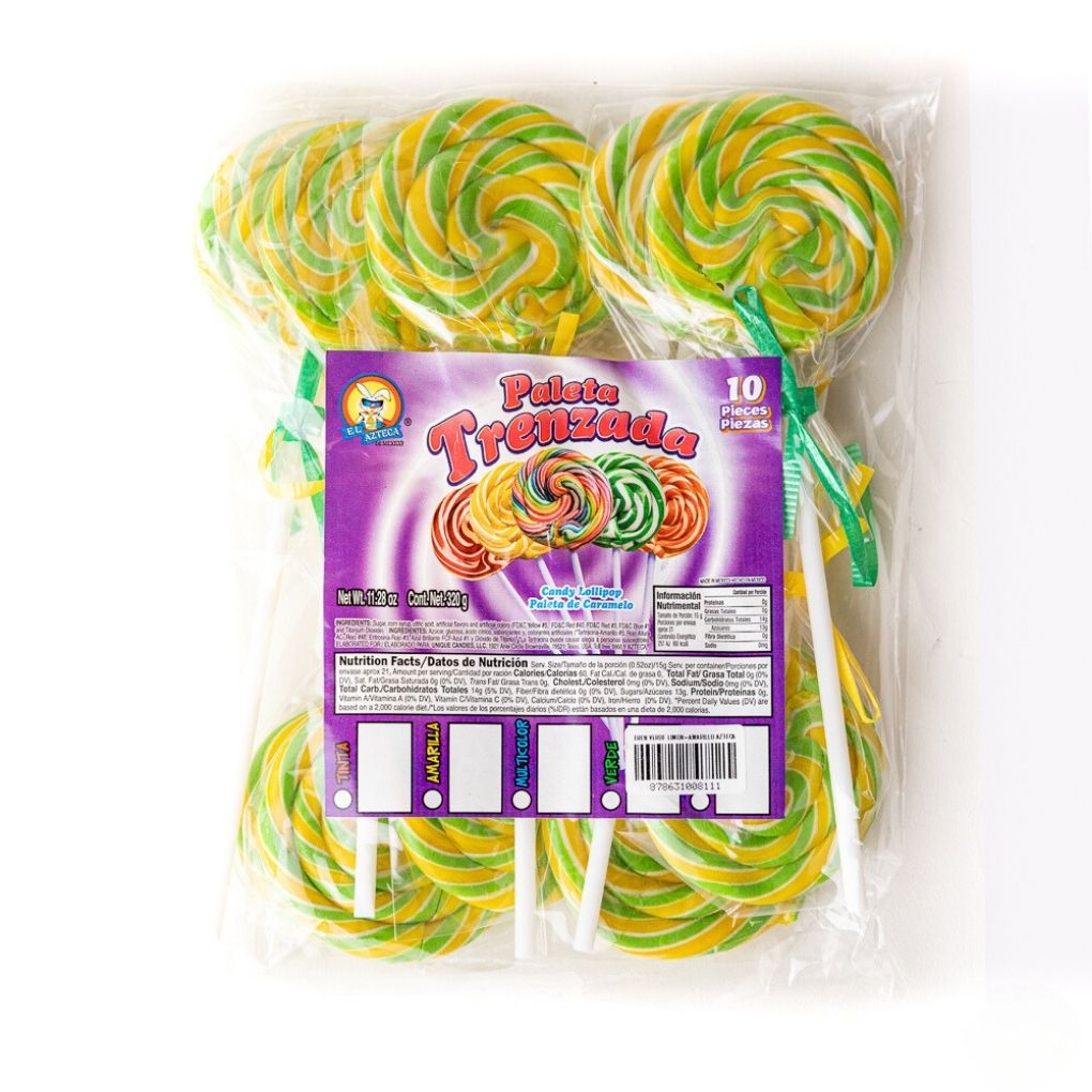 Azteca Paleta Trenzada twisted lollipops Verde limon Amarillo 10 count bag wholesale Mexican candy