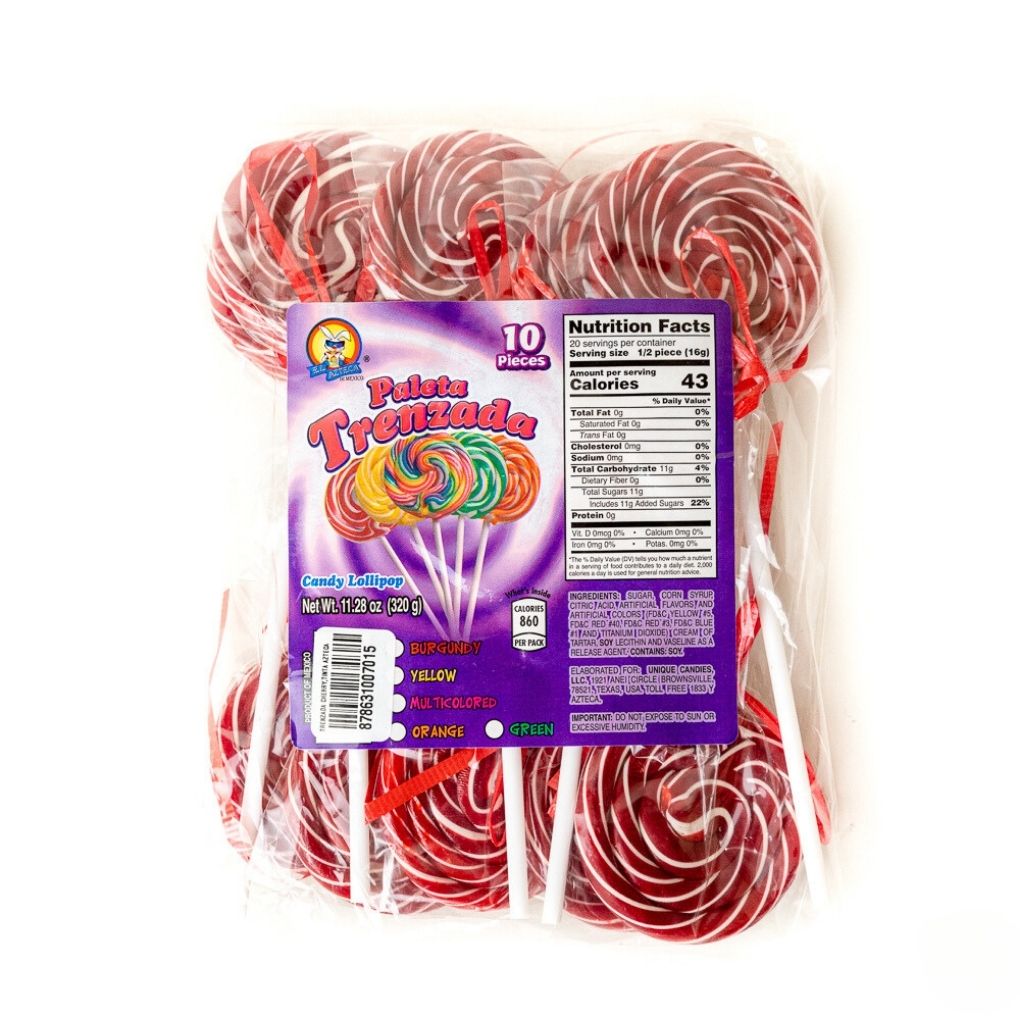 Azteca Paleta Trenzada burgundy twisted lollipops 10 count bag wholesale Mexican candy