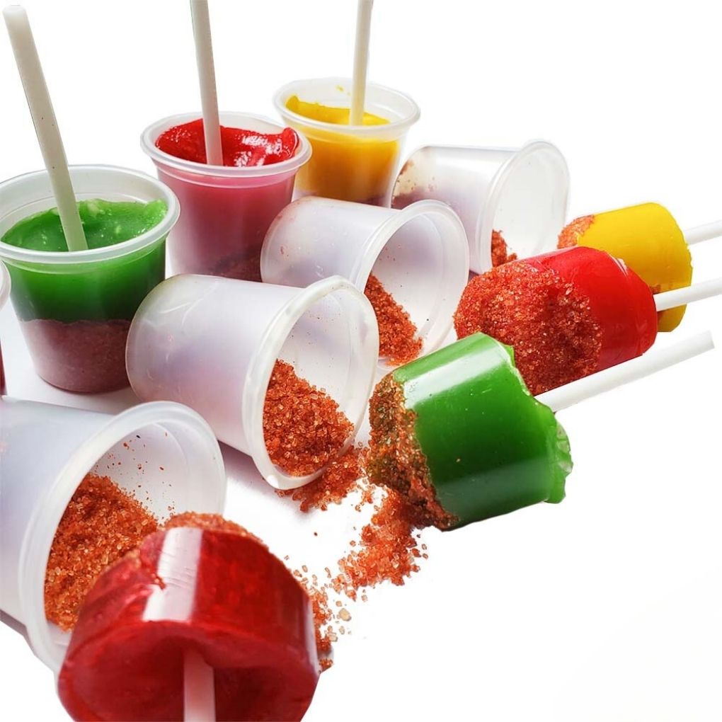 Mango hard candy lollipop with chili powder Mexican candy