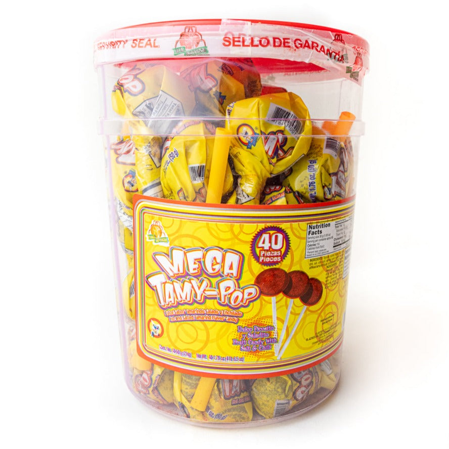 Azteca Mega Tamy-Pop tamarind candy with chili 40 count display tub wholesale Mexican candy