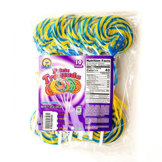 Azteca Paleta Trenzada blue and yellow twisted lollipops 10 count bag wholesale Mexican candy
