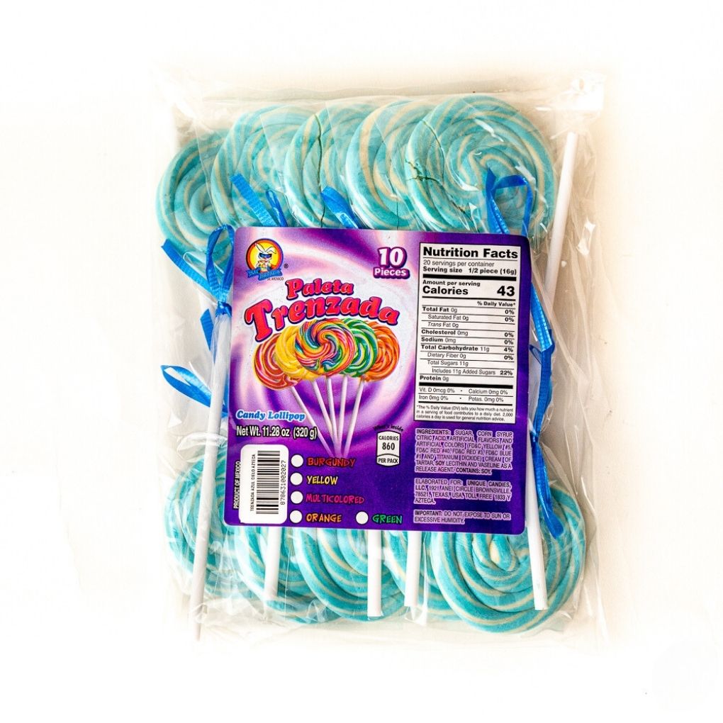 Azteca Paleta Trenzada light blue twisted lollipops 10 count bag wholesale Mexican candy