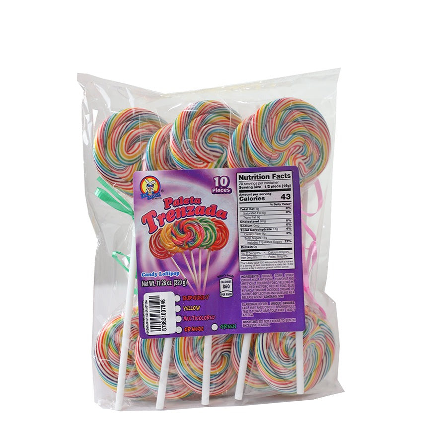 Azteca Paleta Trenzada multicolor twisted lollipops 10 count bag wholesale Mexican candy