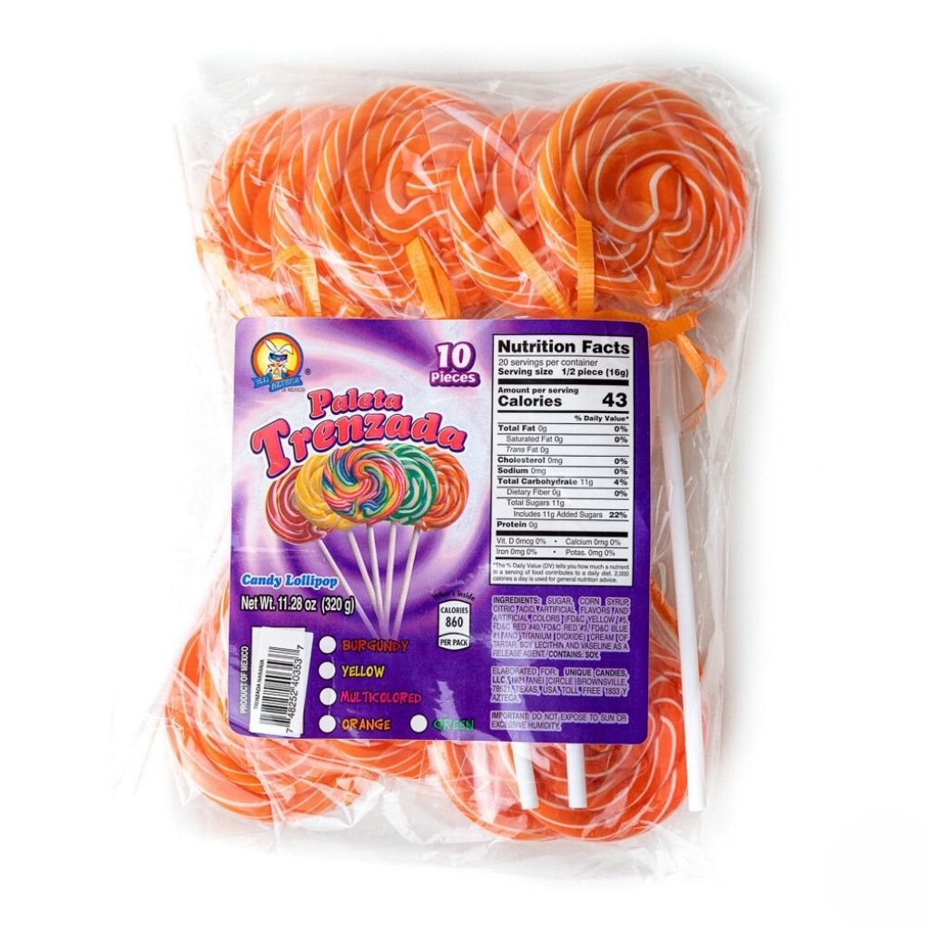 Azteca Paleta Trenzada orange twisted lollipops 10 count bag wholesale Mexican candy