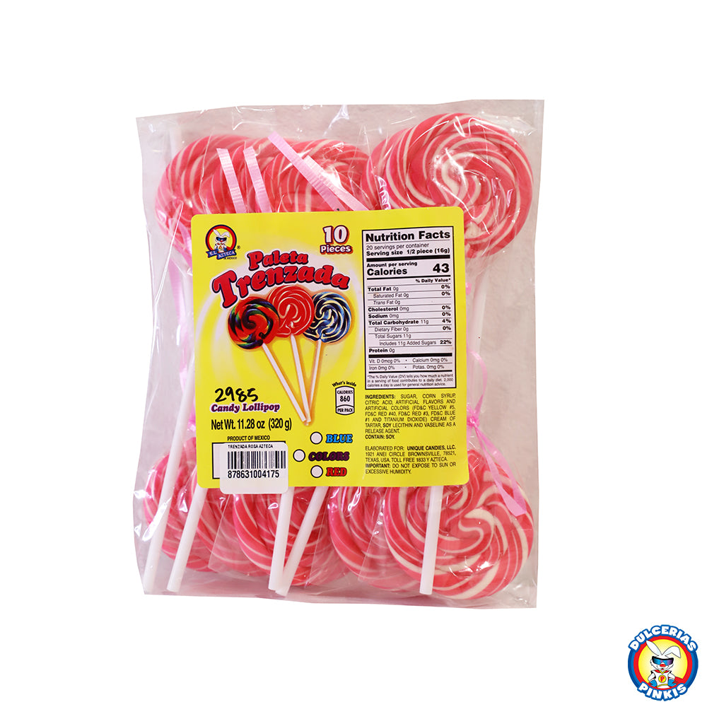 Azteca Paleta Trenzada red and white twisted lollipops 10 count bag wholesale Mexican candy