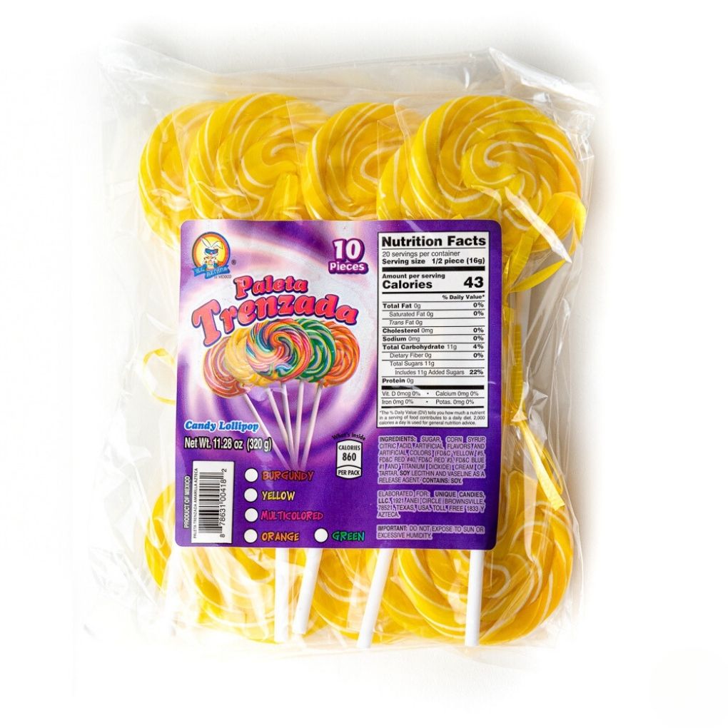 Azteca Paleta Trenzada yellow twisted lollipops 10 count bag wholesale Mexican candy